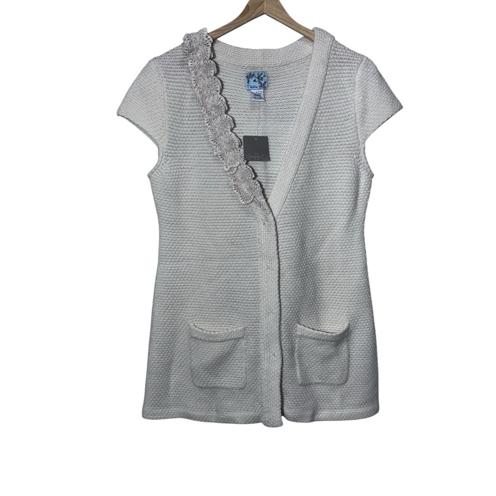 Anthropologie Tabitha 100% Wool Cream Knit Vneck Cap Sleeve Cardigan Size Large